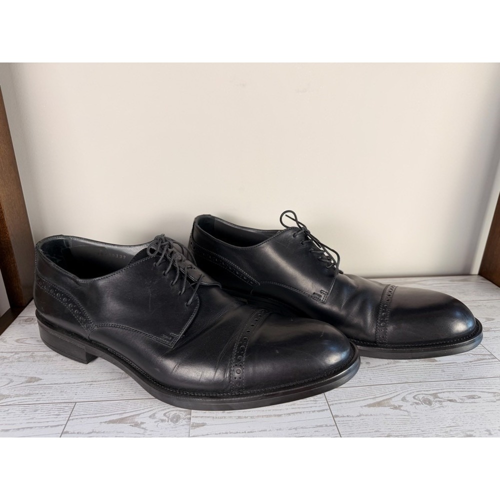 HUGO BOSS Mens Black Leather Cap Toe Oxford 10 Dress Shoes Made in Italy - Picture 2 of 12